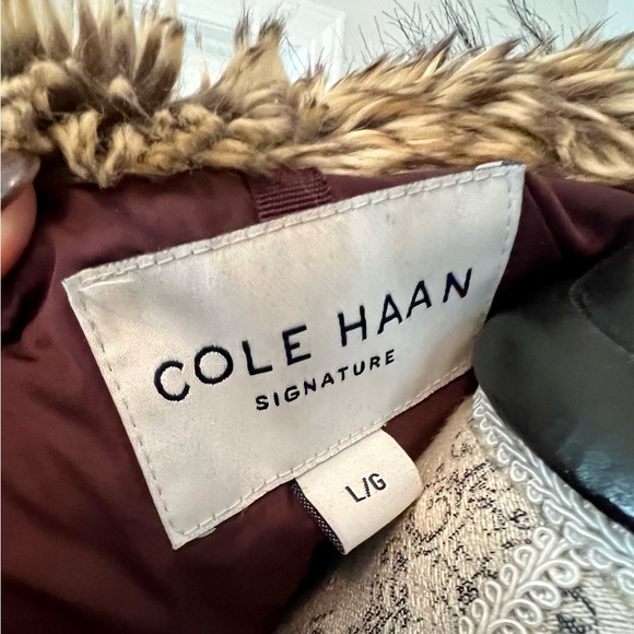 Burgundy/wine colored full length Cole Haan puffer jacket with fur lined hood - Picture 2 of 3